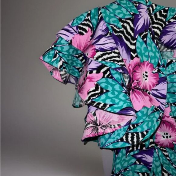 Vtg Isadora New York - 2 Piece Dress & Jacket Set - Tropical Floral Zebra - Sz 5 - Picture 6 of 14